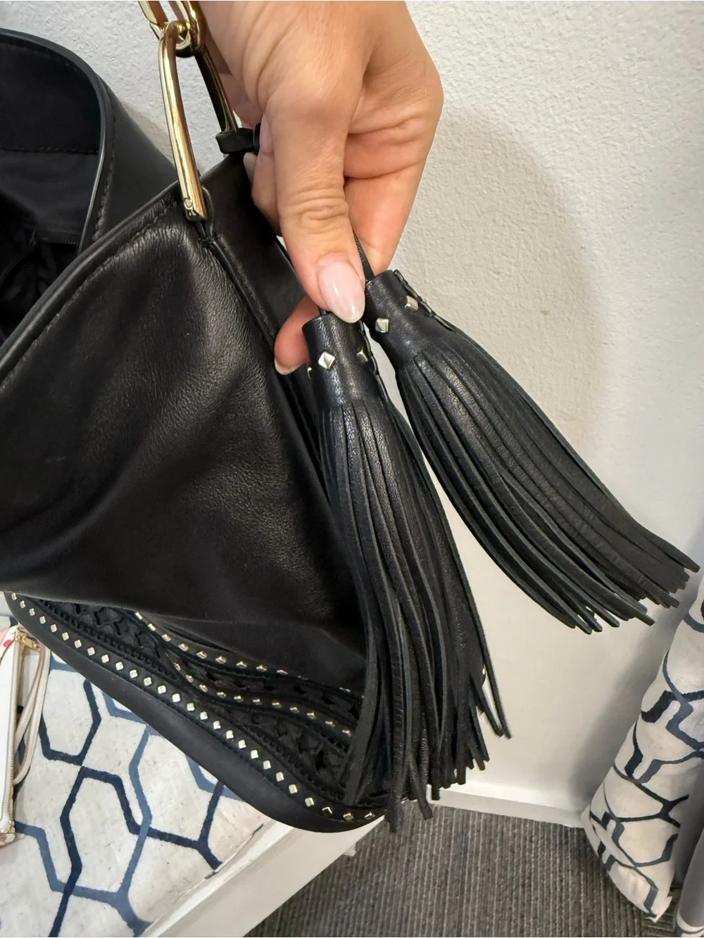 KATE SPADE • Basset Lane Cobie Black Tassel Hobo Bag with Studded Trim